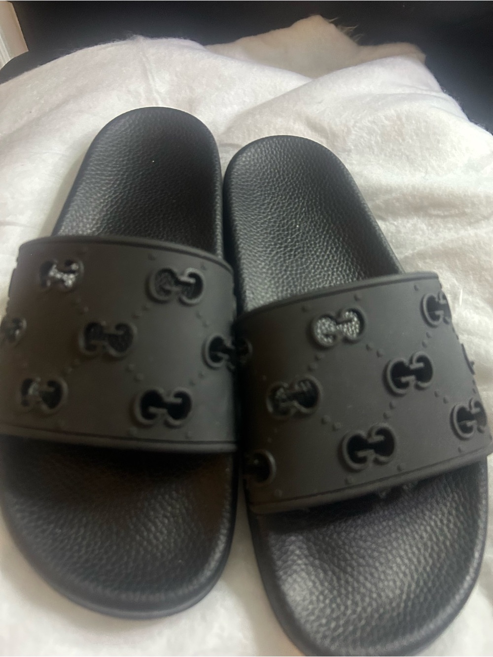 Gucci Black Embossed Interlocking G Slide Sandals